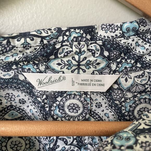 Woolrich Womens Short Sleeve Cotton Blend Lightweight‎ Paisley Blouse Sz L Blue - Picture 2 of 8